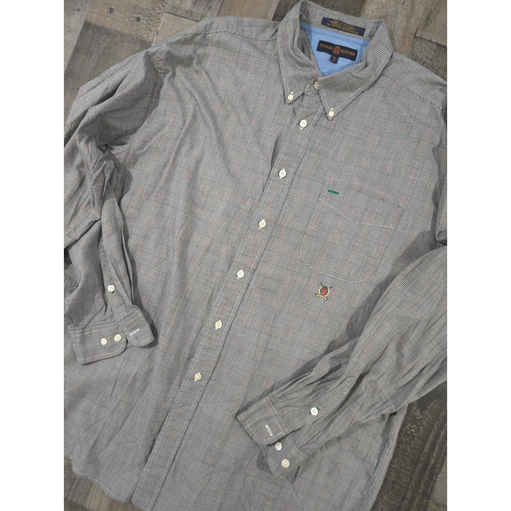 VTG 90s Tommy Hilfiger Golf Crest Shirt Mens XXL Long Sleeve Glen Plaid Gray